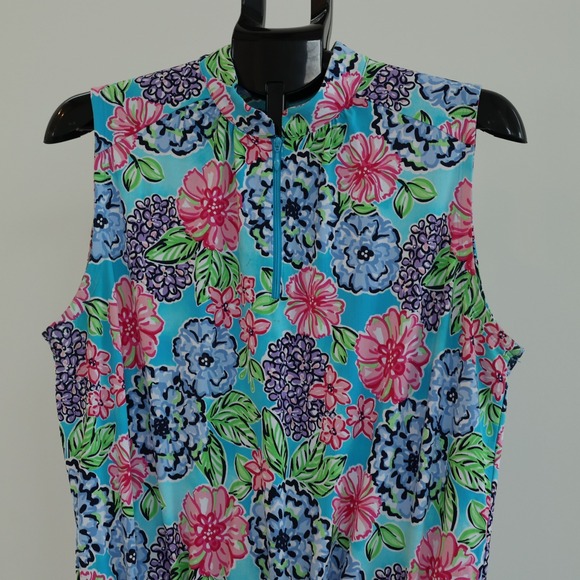 IBKUL Larisa Dress Size Large Turquoise Floral Drawstring Sleeveless Golf Tennis - Picture 2 of 11